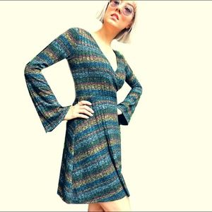 70s Style Bell Long Sleeve Wrap Mini Dress Sweater